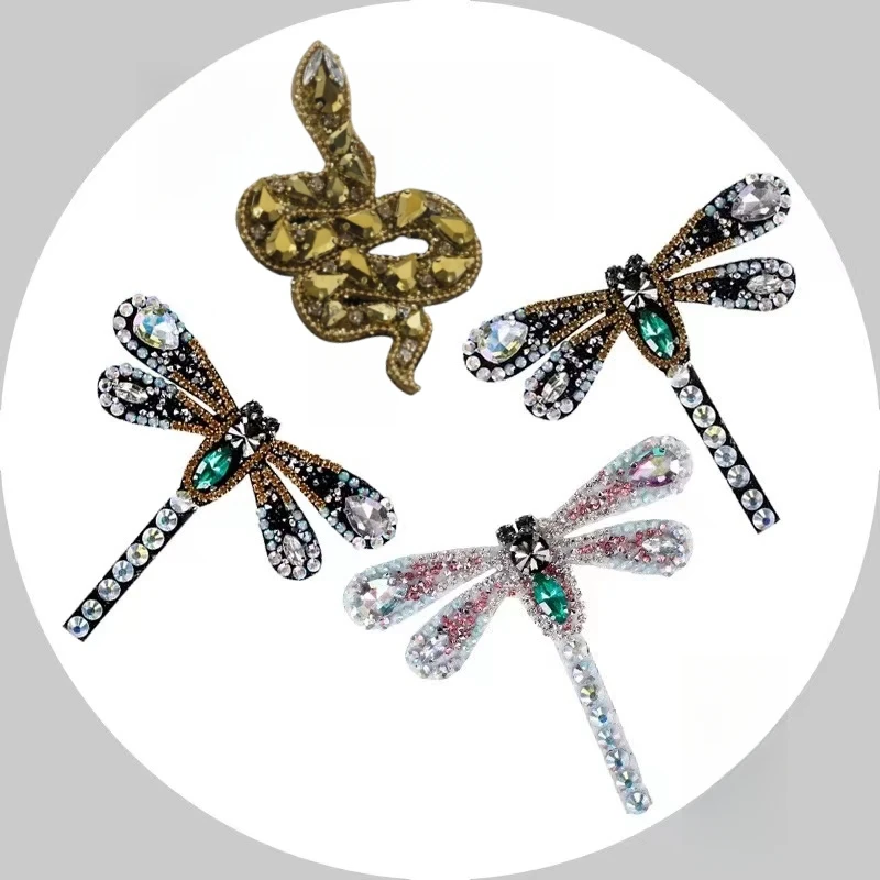 Colorful Dragonfly Patches Golden Snake Sew-On Patch for Clothing Shoes Hats and Bags Rhinestone Sequined Appliques