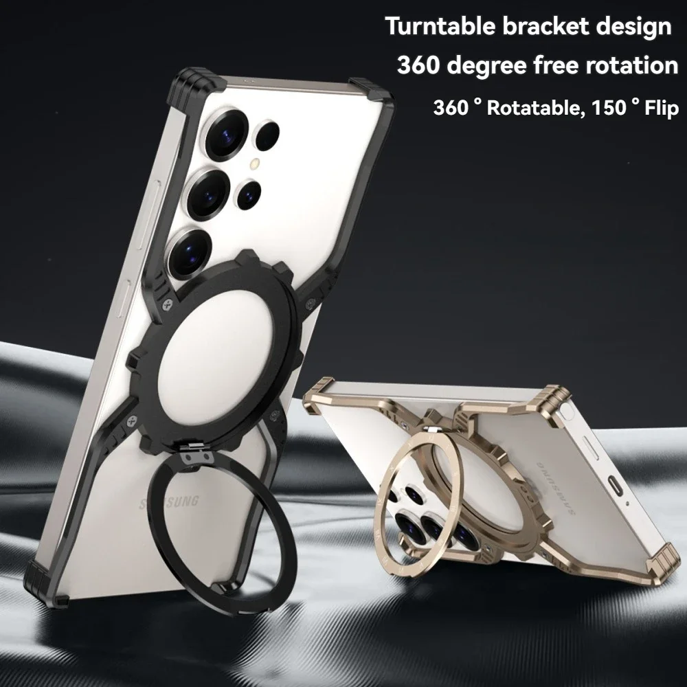

Personality Frameless Metal Phone Case for Samsung Galaxy S23 S24 S25 Ultra with Back Support Wireless Charging