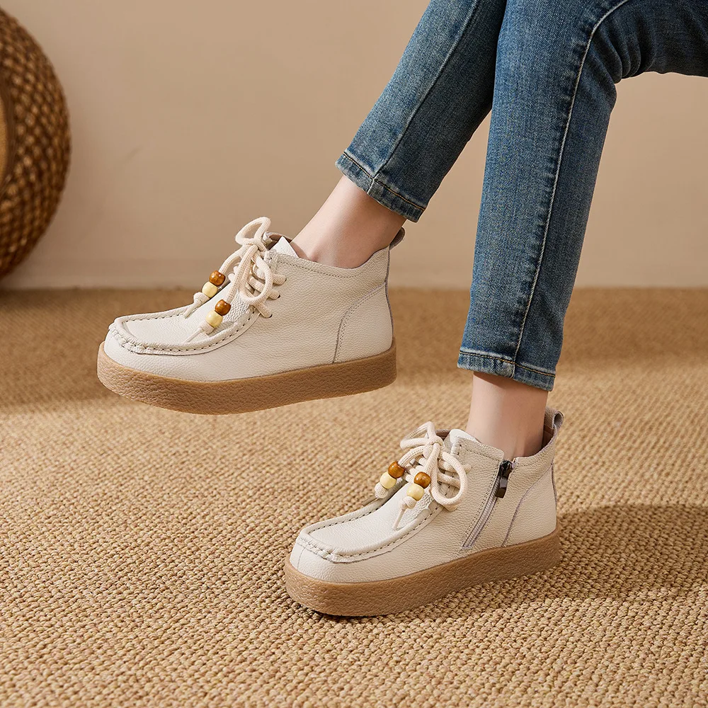 Neue Echtleder-Schnürstiefeletten für Damen, Klassische Perlen-Bootsschuhe, Damen-Reißverschluss-Stiefeletten, Weiche Casual-Booties, Bequeme Urlaubsstiefel – Detail 5