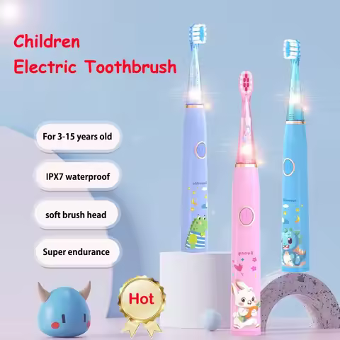 Kids Cartoon Colorful LED Light Sonic Children Electric Toothbrush IPX7 Waterproof 2 mins Smart Timer Rechargeable Toothbrush