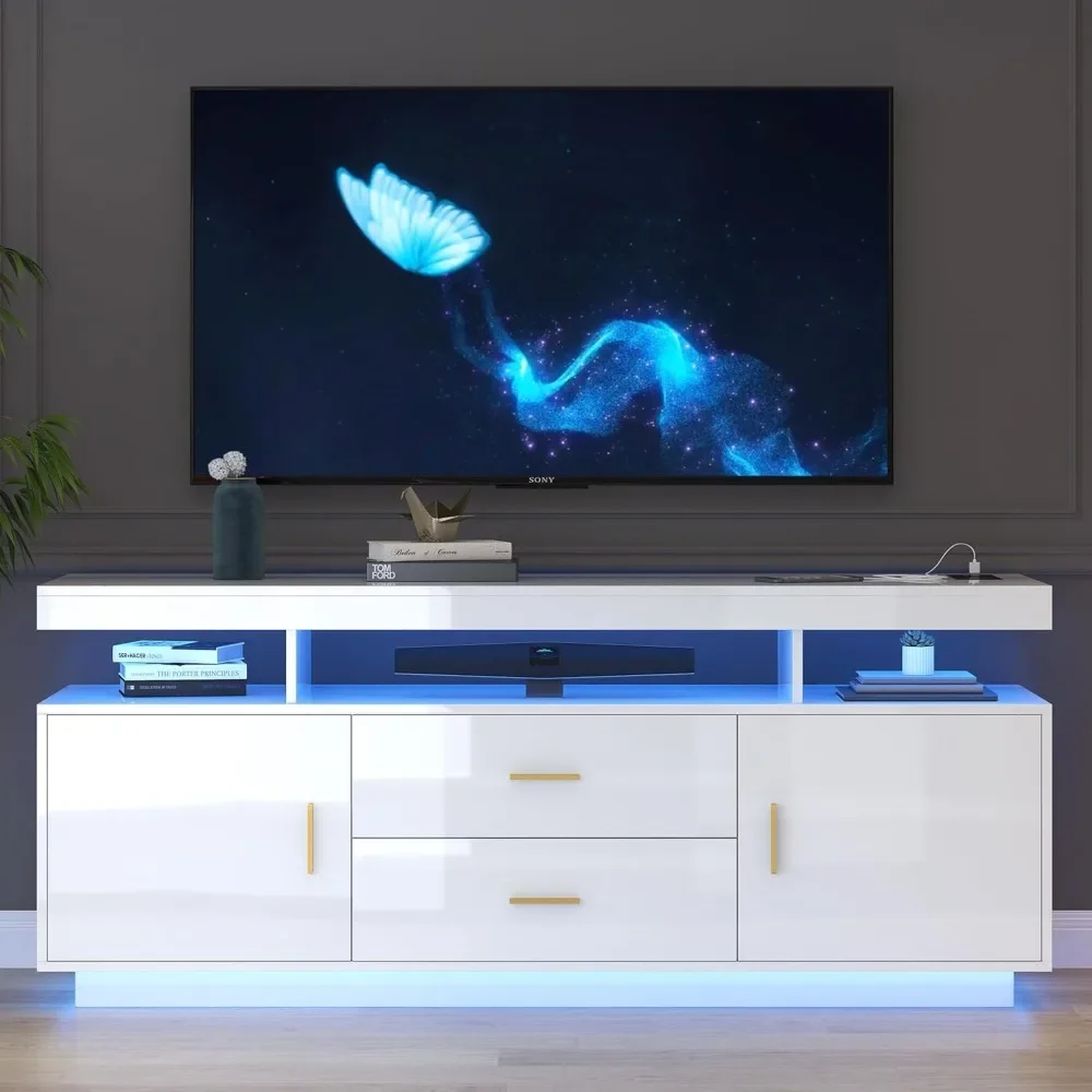 High Gloss Entertainment Center White with 3-Colors Lighting, LED Modern TV Stand for 65+ inch TV, Home Storage Cabinet