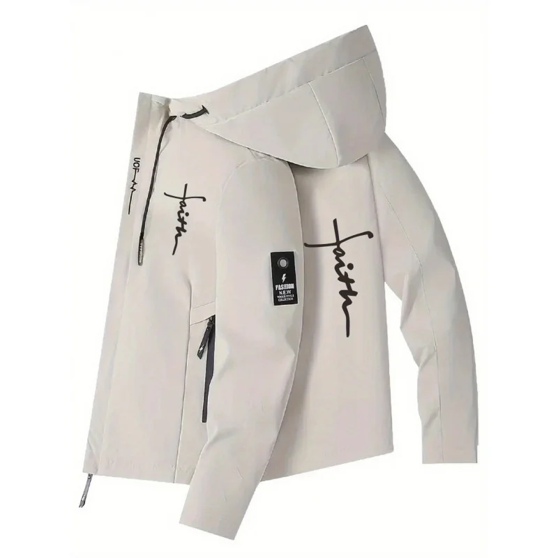 

Мужская модная куртка с капюшоном и буквенным принтом, легкая ветровка, облегающий крой, длинные рукава, без пояса