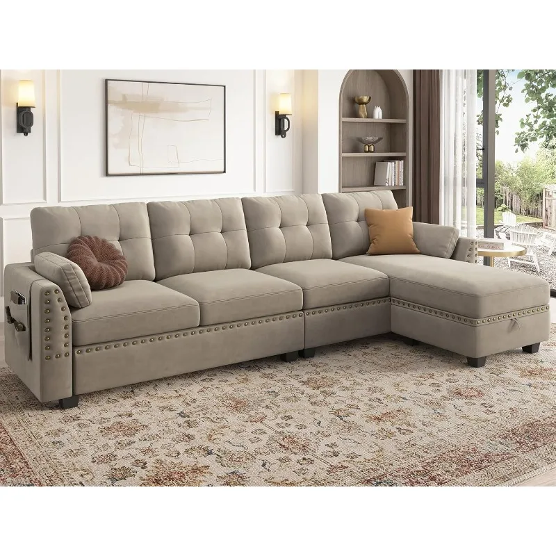 

Velvet Convertible Sectional Sofa L Shaped Couch with Storage Ottoman Reversible Sectional Couch Sofa for Small Space,Light Grey