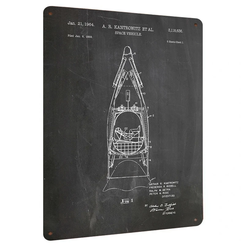 Vintage 1964 Space Capsule Patent Drawing Metal Tin Sign Industrial Wall Art Home Decor