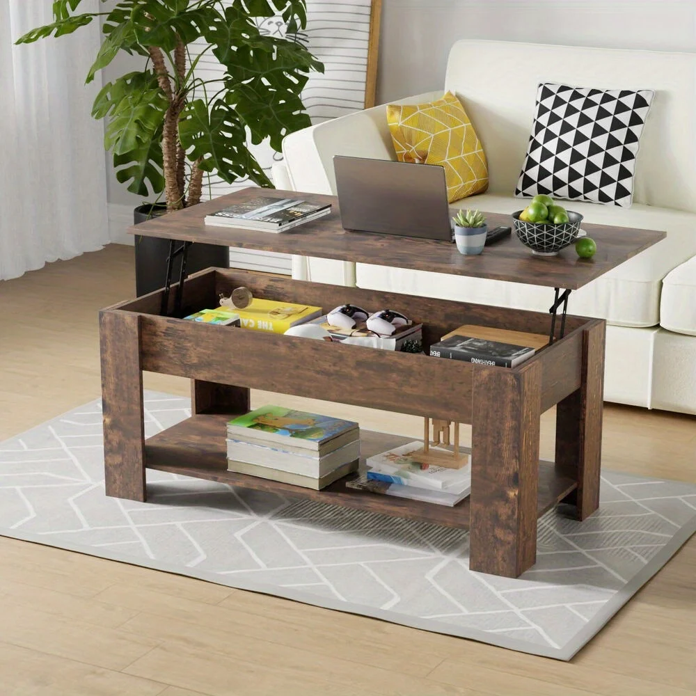 

Elevating coffee table with hidden compartment and storage shelf