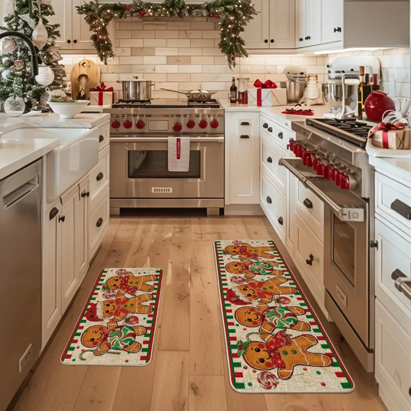 Gingerbread Candy Sugarcane Christmas Kitchen Floor Mat 2-piece Set Winter Home Decoration 16inX24in and 17inX47in