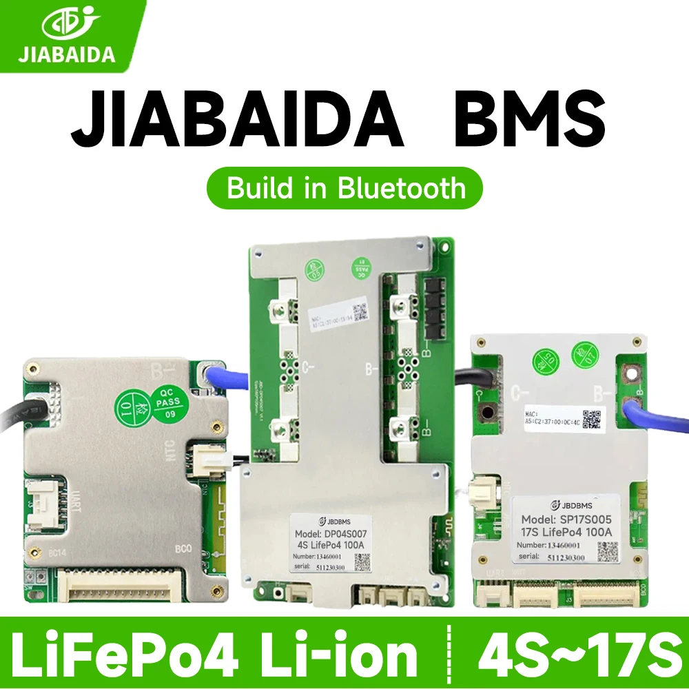 JIABAIDA Smart BMS 4S-17S 7S 8S 24V 16S LiFePo4 Li-ion Lithium 10S 12S 13S 14S JBDBMS 20A 30A 40A Smart JBD BMS with BT Balance