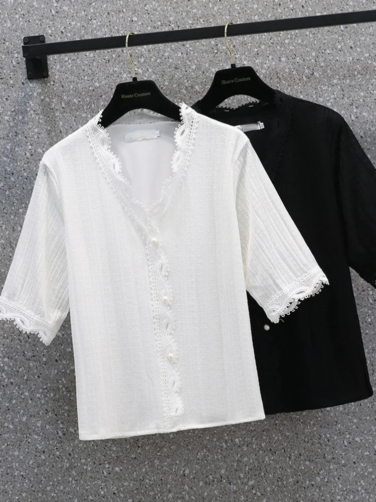 

Oversize M-4XL Lace Short Blouses Women Summer New Fashion V-neck Short Sleeve Large Shirt Korean Beading Tops Hollow Out