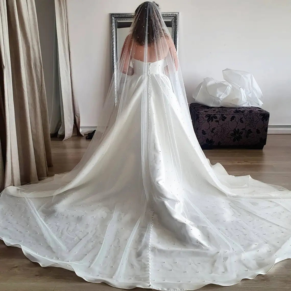 

NZUK Wedding Veil with Comb 3M*3M Bridal Veil with Beaded Pearls Ivory Cathedral Length Wedding Veil Veu of Bride