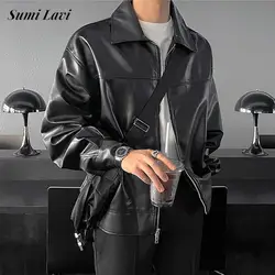 Vintage Turn-down Collar Zipper Leather Coats Men Jackets Streetwear Autumn Long Sleeve Casual Leather Outerwear Mens PU Jacket