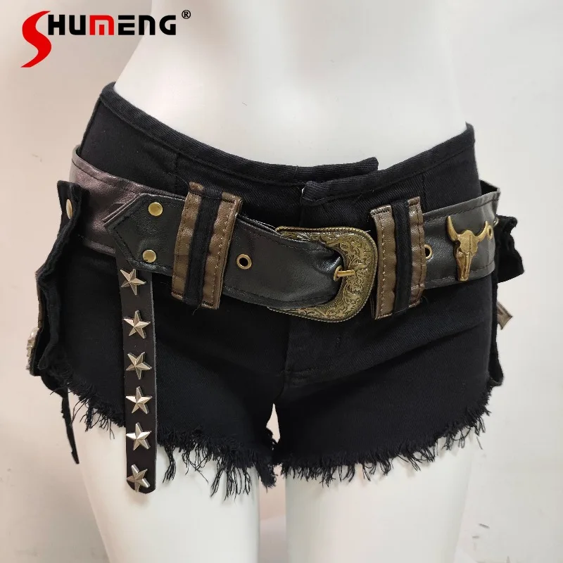 

American Punk Y2K Hot Girl Sexy Frayed Edge Patchwork Denim Ultra Short Pants Design Sense Belt Low Waist Hip-Hugging Shorts