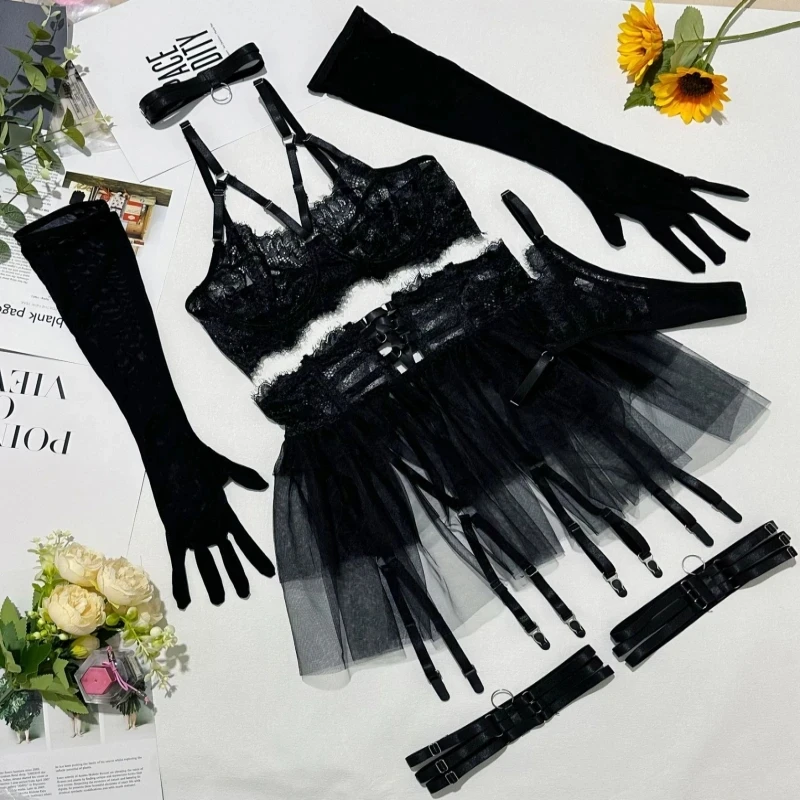 

Bikini Fashion Lingerie Set Lace Sheer Mesh Swimsuit Puff Skirt Six-Piece Set