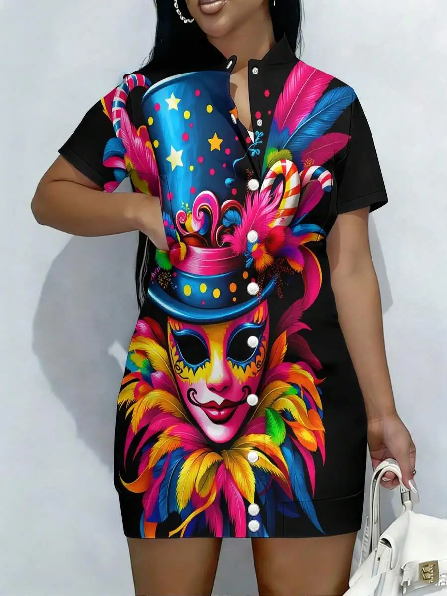 

Womens Short Sleeve Baseball Dress With Colorful Jester Hat Mask Print For Casual Party