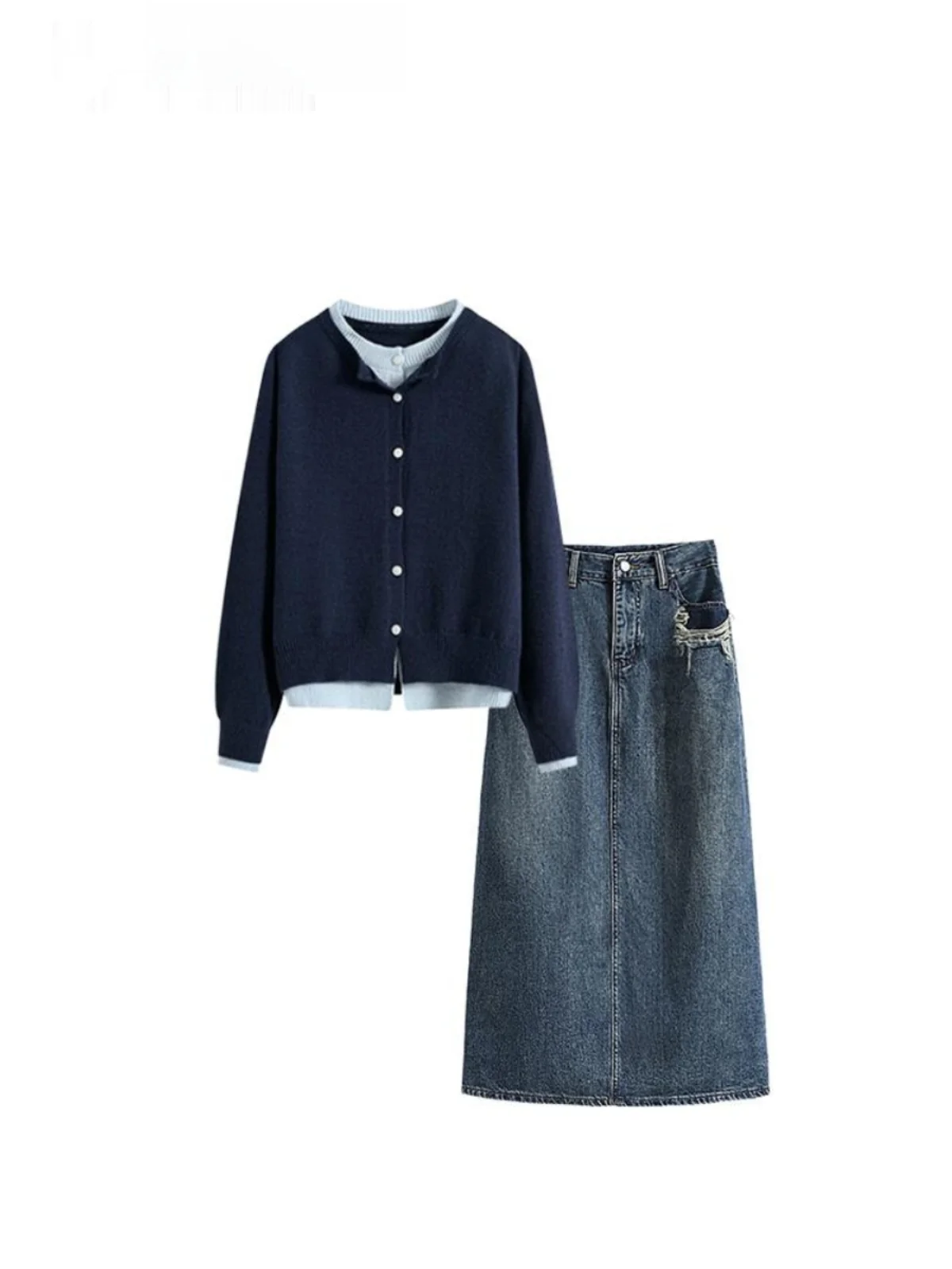 

Комплект CaraCLUB: Весенний наряд больших размеров для женщин – вязаный топ с длинным рукавом и джинсовая юбка А-силуэта с высокой талией в корейском стиле