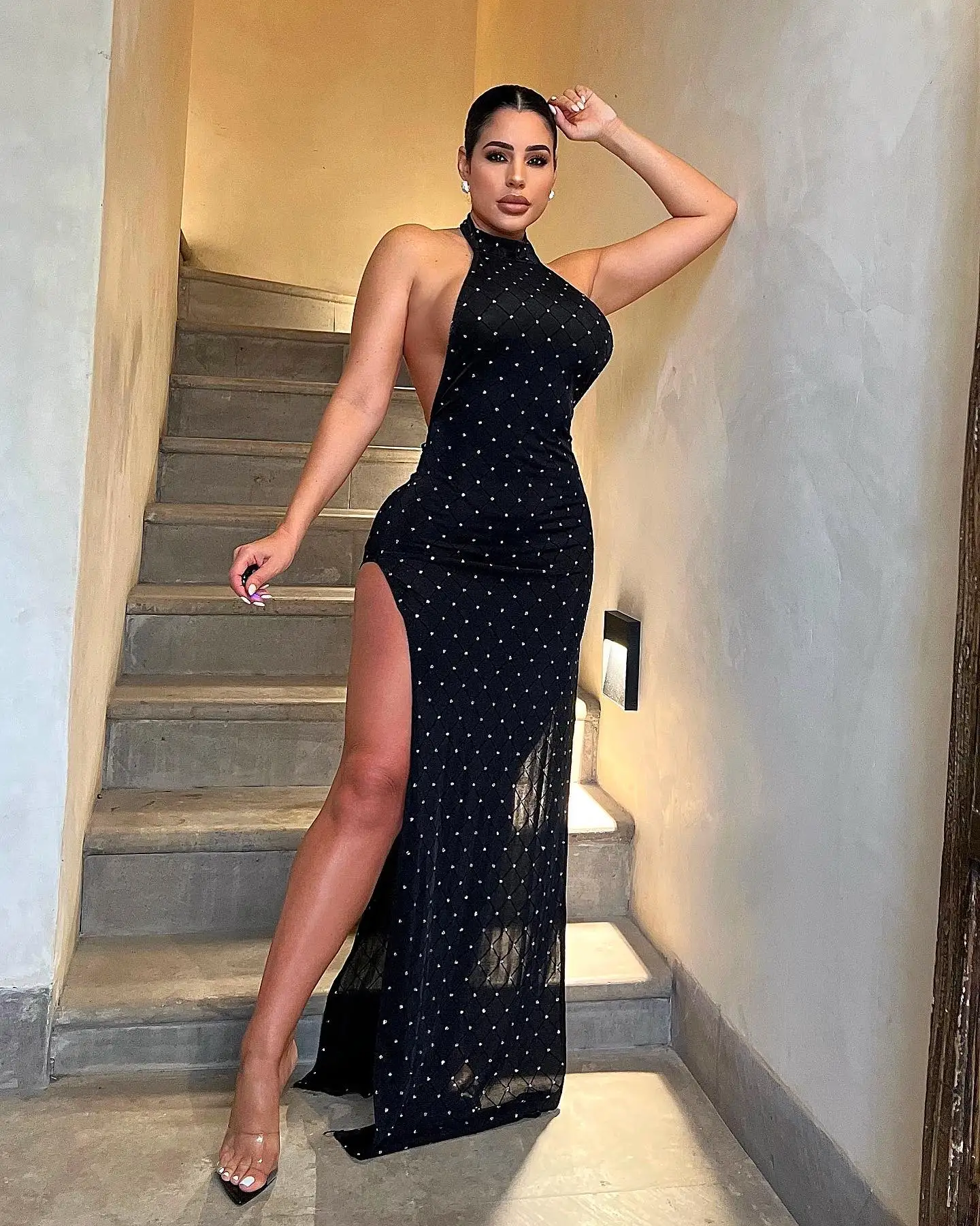 Women Sexy Halter Backless High Split Maxi Long Dresses Party See Through Glitter Mesh Black Clubwear Dress