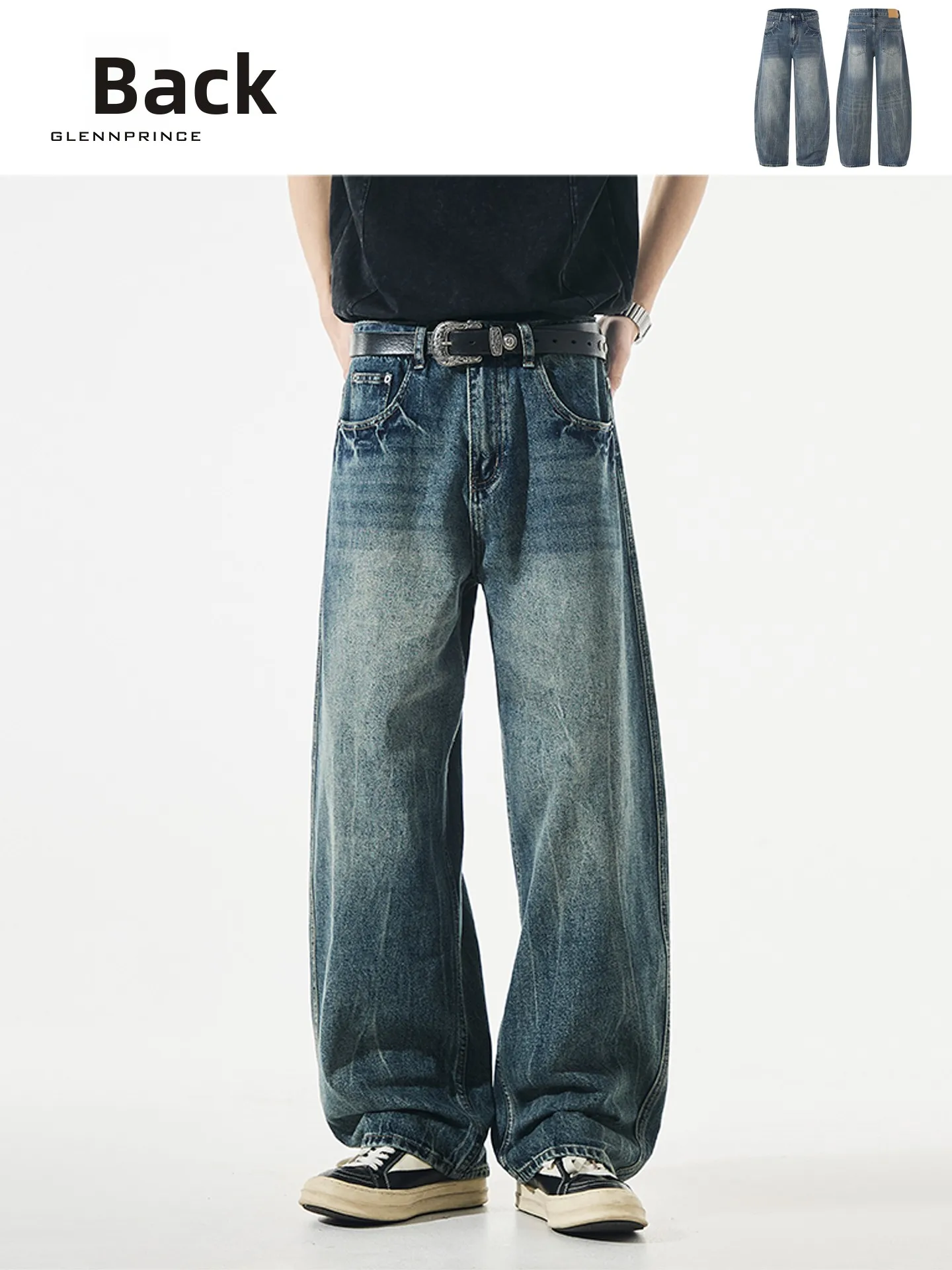 

GPstudio American Retro Lightning Pattern Men's Jeans Loose Straight Leg Trendy Brand Long Pants Worn Look Casual Jeans