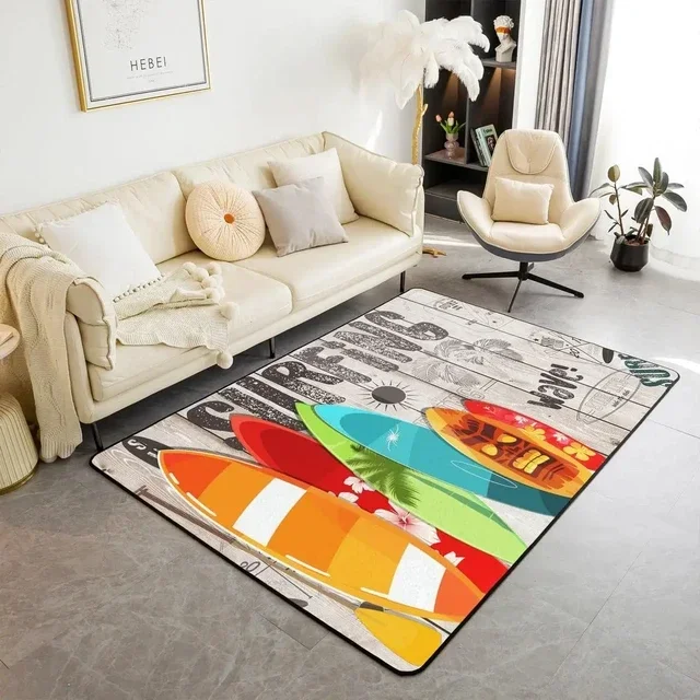 Surfboard Area Rug for Living Room Extreme Sport Carpet Hawaii Summer Tropical Leaves Floor Mat Ocean Beach Decorative Doormat