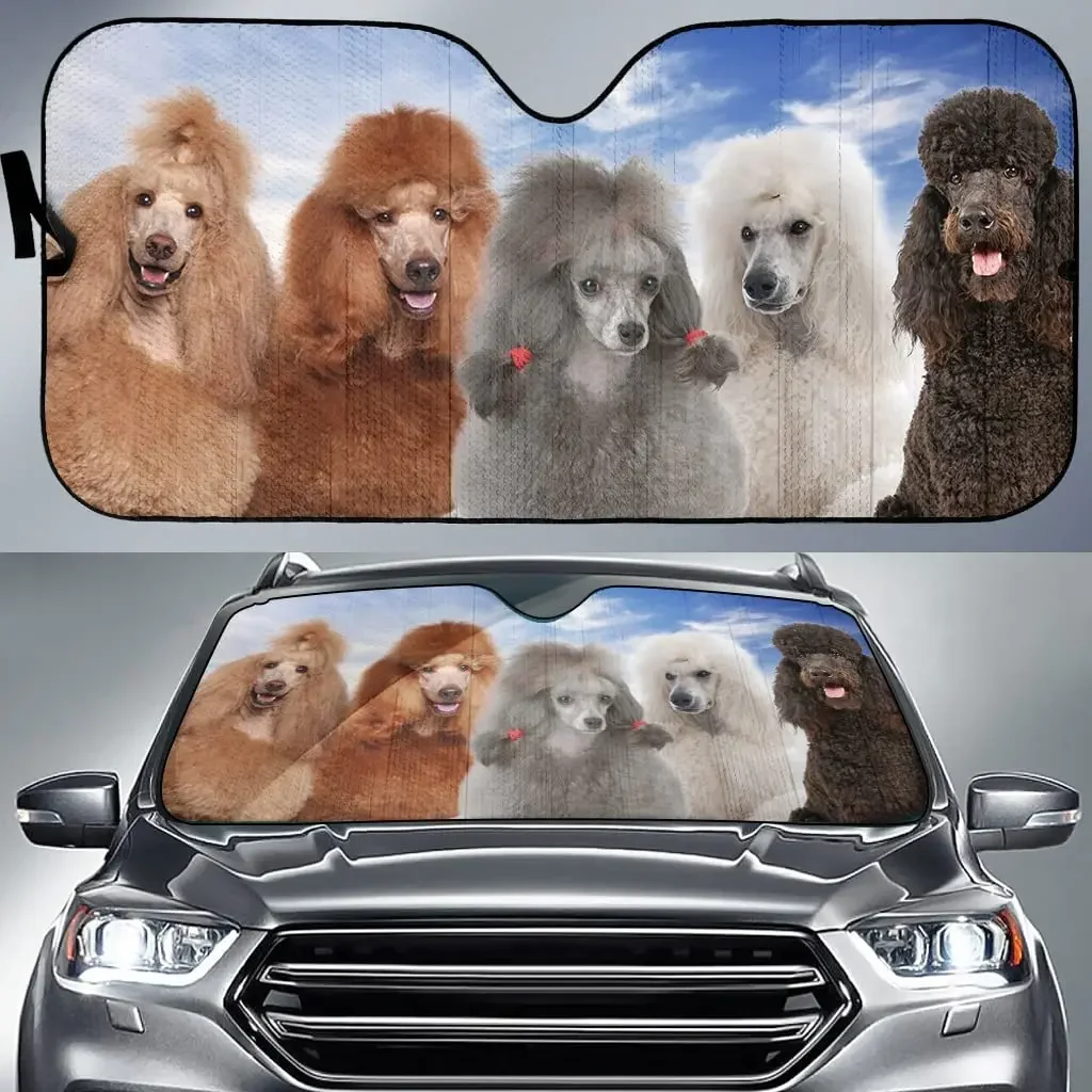 Cute Standard Poodle Family Dog Lover Car Sunshade, Standard Poodle Front Window Sun Cover for Dog Lover, Car Windshield Durable