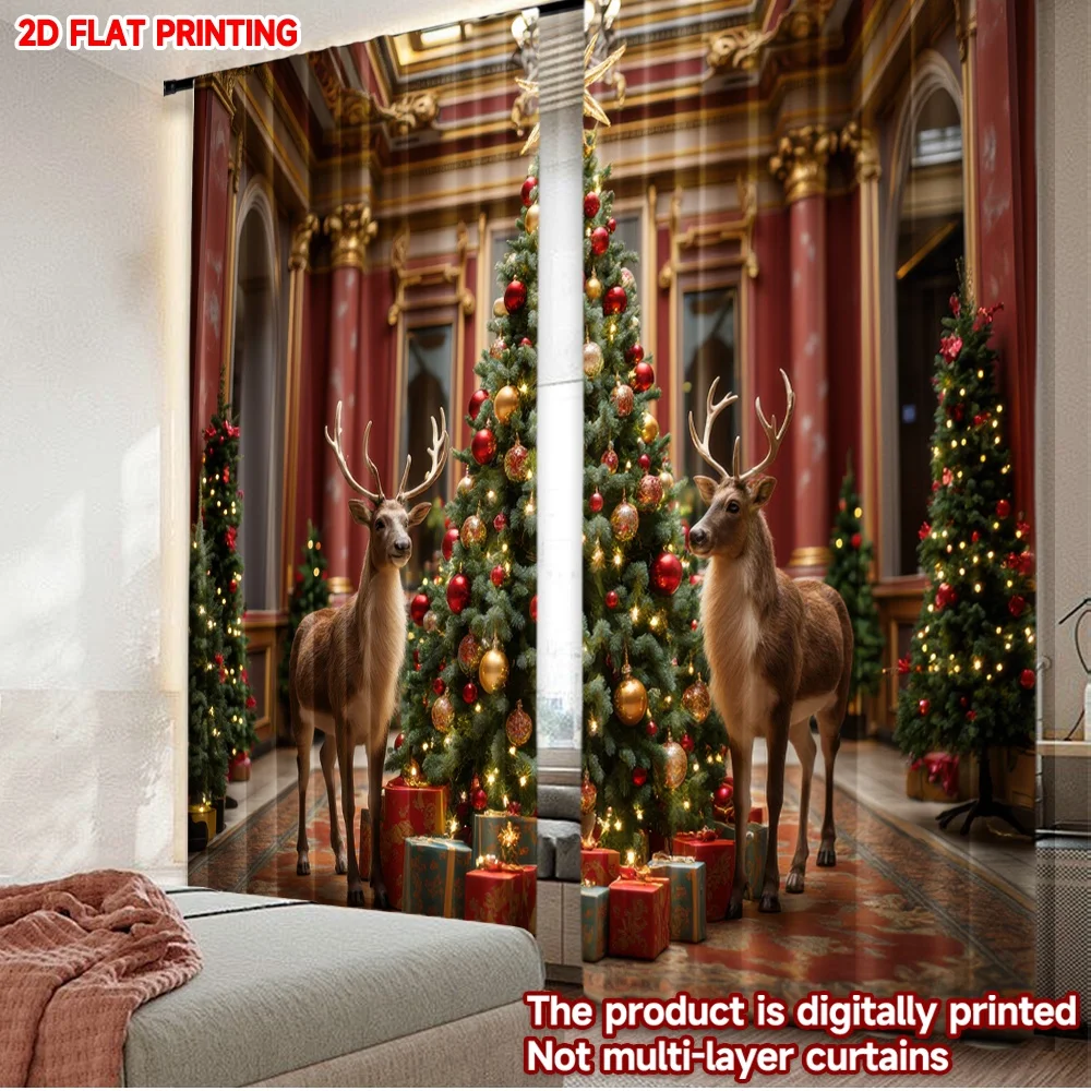 2D-Flachdruck, 2 Stück, Weihnachten, klassische heiße Vorhänge, Weihnachtsbaum und Rentier, digital bedruckte Polyester-Vorhänge, festlich