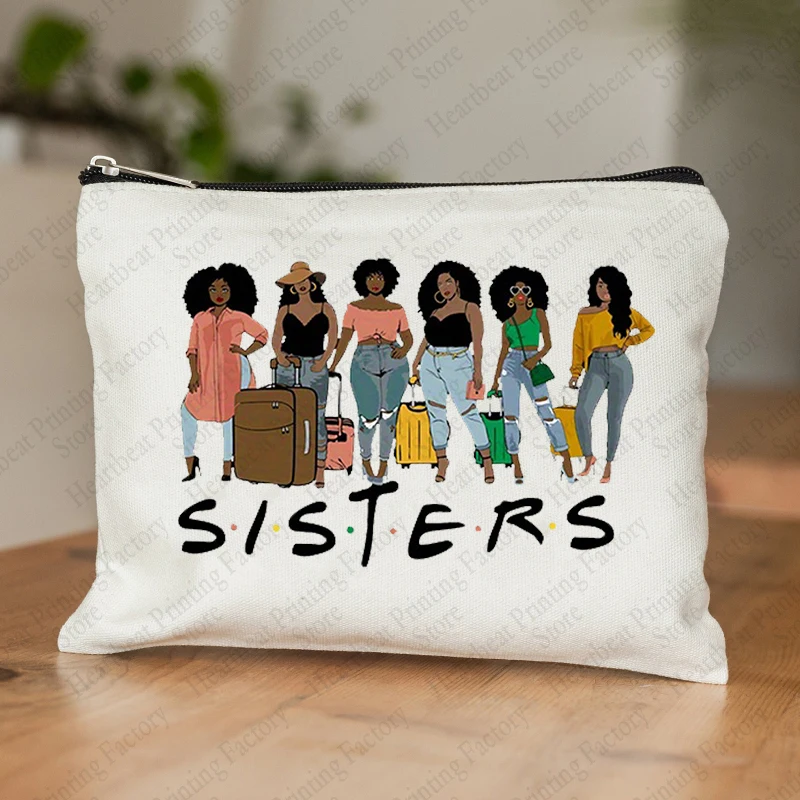 Sistas Pattern Canvas Make Up Bag Travel Lipstick Bags Bachelorette Party Gift for Sister Organizer for Cosmetics Pencil Case