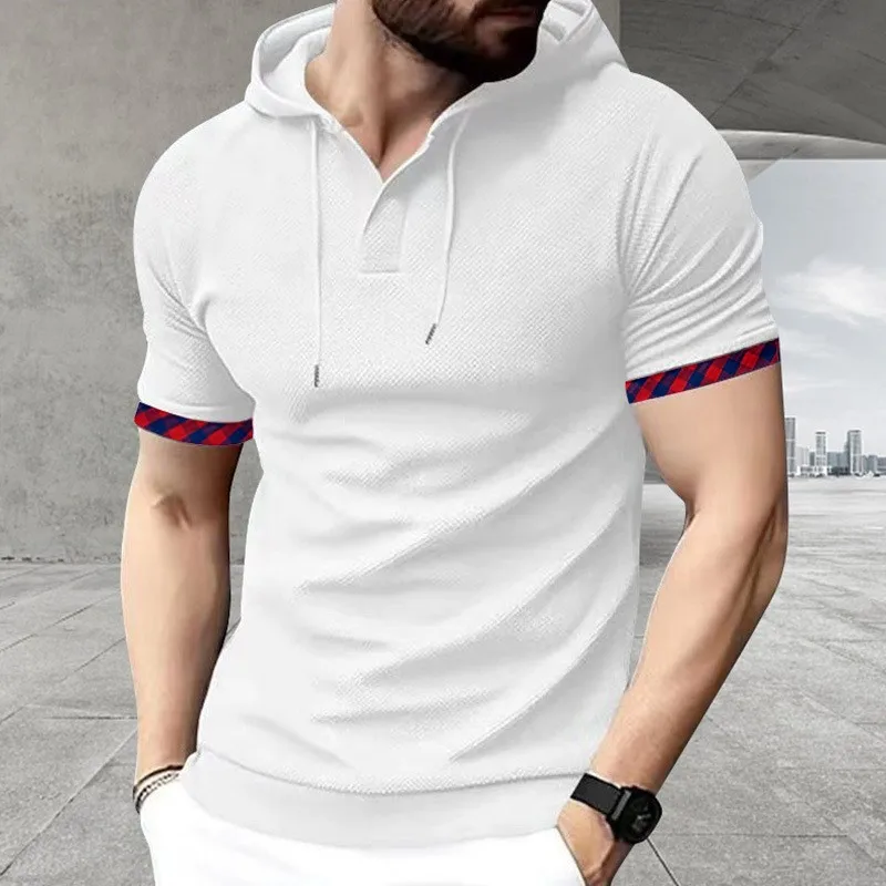 

New men's summer hooded round-neck checked short-sleeved pullover casual T-shirt - breathable waffle knit sports top
