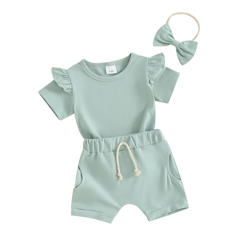 

Toddler Girls Summer Clothes Infant Baby Shorts Set Short Sleeve Ruffle T-shirt Solid Color Shorts Headband Outfit