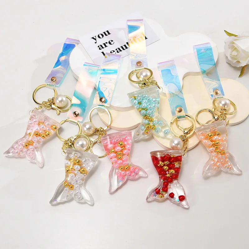 Cute Liquid Mermaid Tail Shape Key Chain Creative Quicksand Floating Colored Bead Keyring Girl Backpack Pendant Keychain Gift