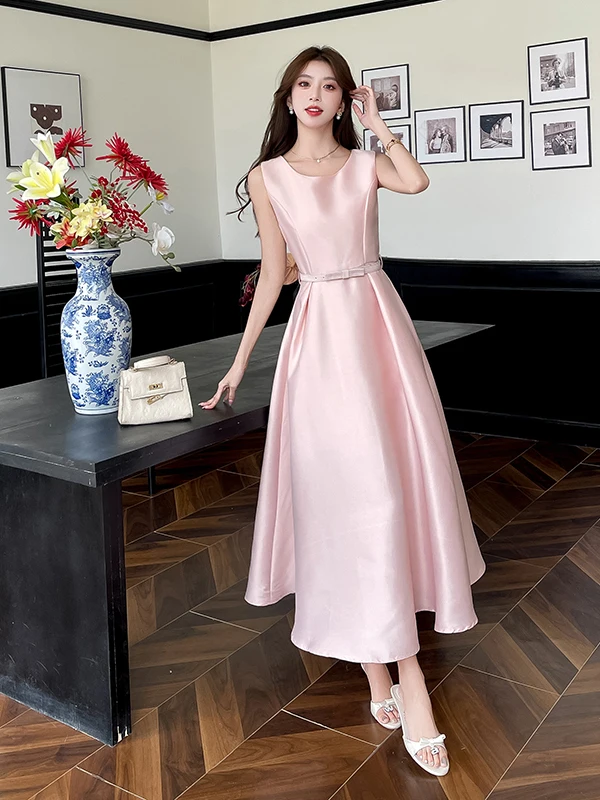 فستان طويل على طراز هيبورن الحلو للنساء وردي بدون أكمام تنورة ماكسي عالية الخصر قماش شفاف ملابس غير رسمية للربيع والصيف #2