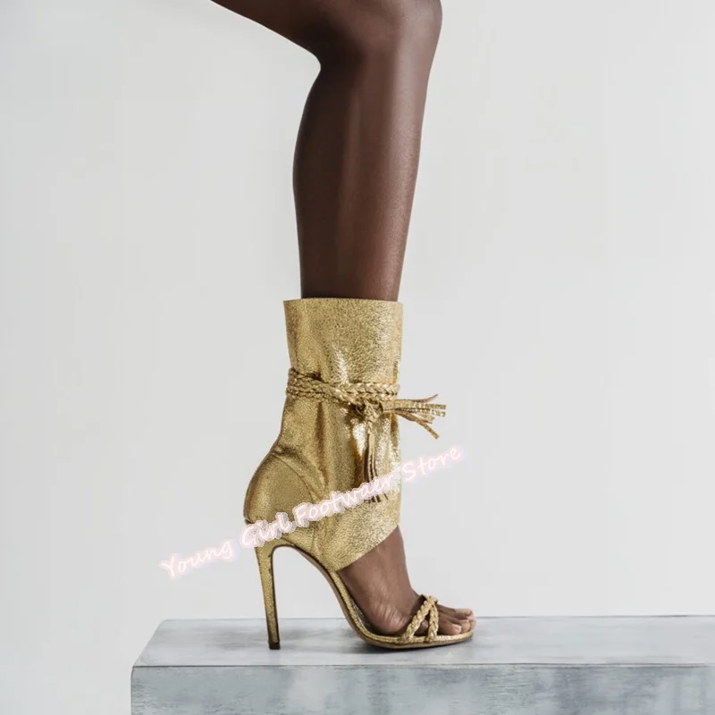 

Summer Golden Pointed Tip Exposed Toes Women's Summer Sandals Stilettos Bow Decorative With Straps Women's Banquet Sandals