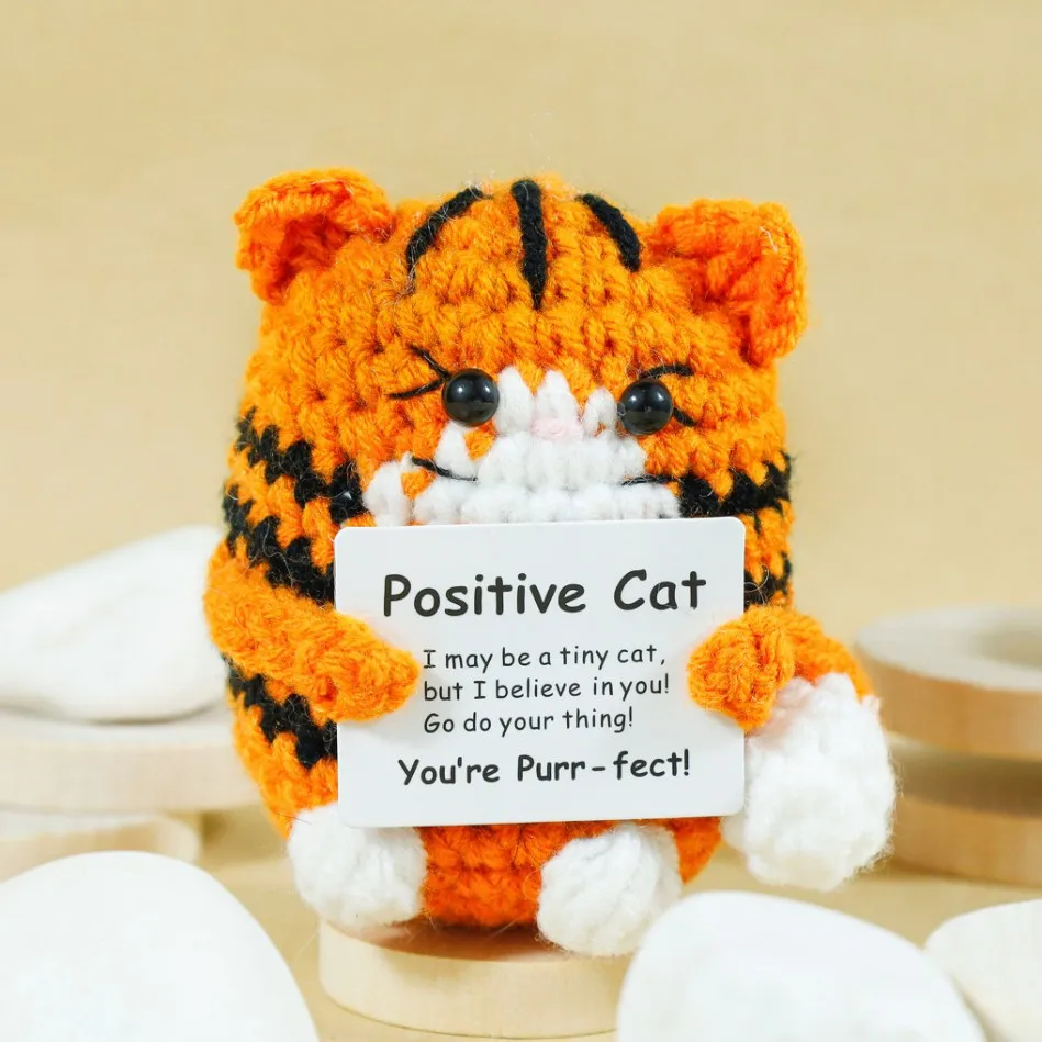Funny Crochet Positive Cat Doll With Card Home Room Decoration Handmade Knitted Cat Christmas Doll Ornament Christmas Party Gift - view 5