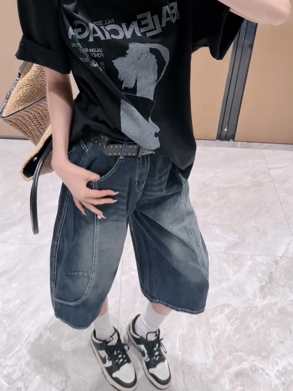 

American Style High Waist Straight Leg Seven-Foot Women's Jeans Loose Wide Leg Pants Summer New Arrival Cotton Zipper Fly