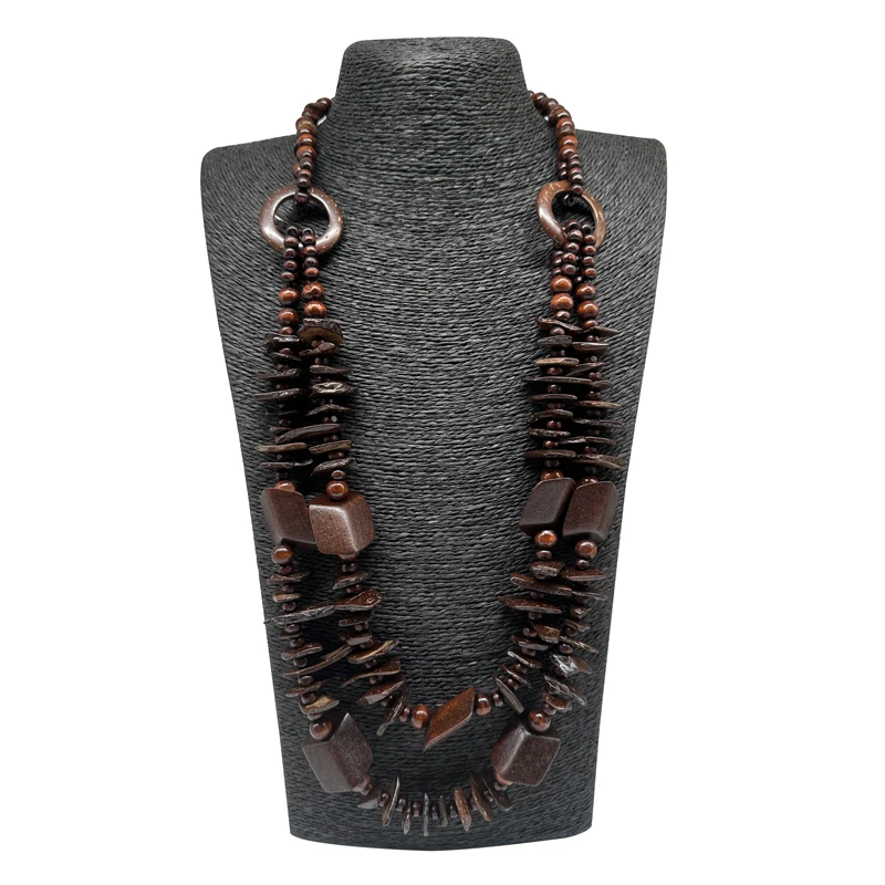 Handmade Brown Bead Geometric Long Wood Maxi Necklace & Pendant Bohemian Vintage Statement Party Jewelry Wooden Collar