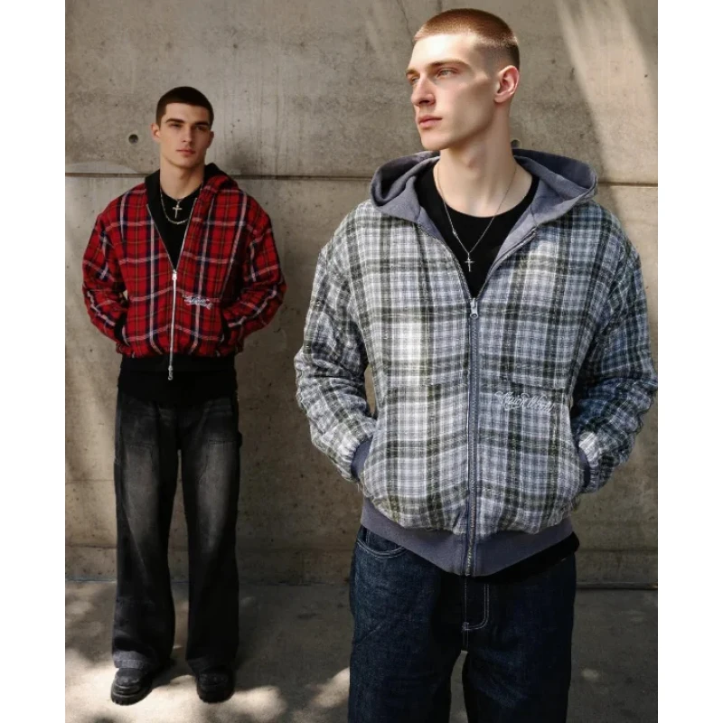 

American Retro Reversible Plaid Zipper Hoodie Sweatshirt Mens Womens Casual Plaid Sweatshirt Solid Color Lining Y2K Street Style
