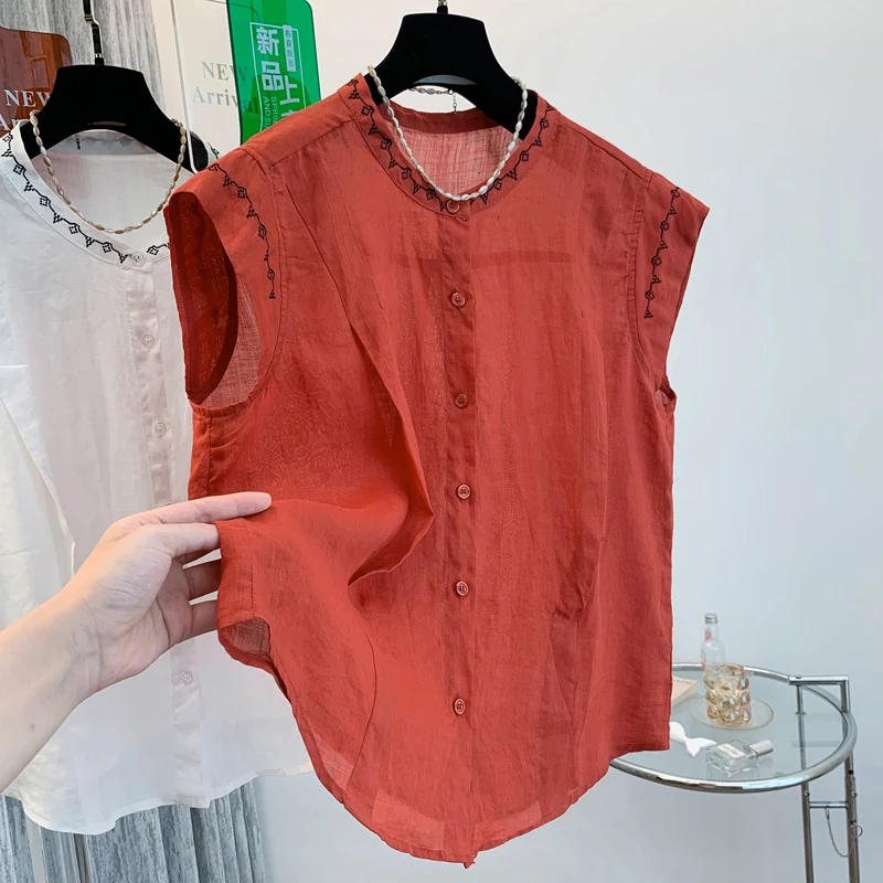 เสื้อคาร์ดิแกนผ้าฝ้ายลินินปักลาย สำหรับผู้หญิง แฟชั่นฤดูร้อน สไตล์วัยรุ่น คอตั้ง ทรงเข้ารูป ผ้าบางเบา