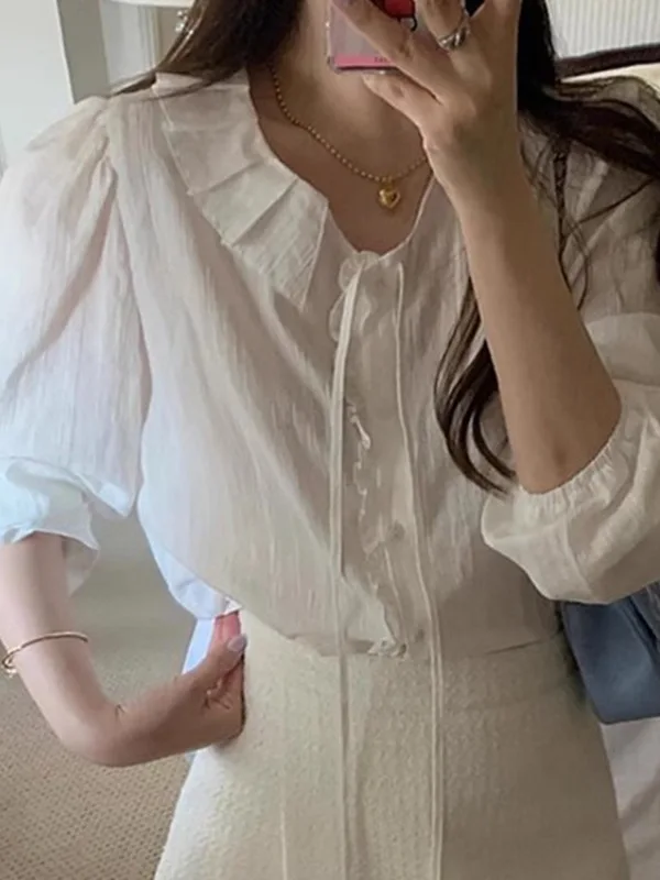 Doux jeune blanc irt femmes coréen Sle doux Sa épissure oreille en bois bulle ample Sve vêtements intérieurs haut début du printemps