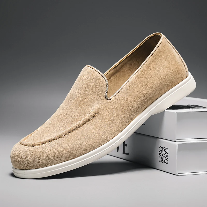 

Men's Lightweight Suede Leather Slip-On Loafers British Style Casual Flat Boat Shoes Comfortable Dress Boat Footwear