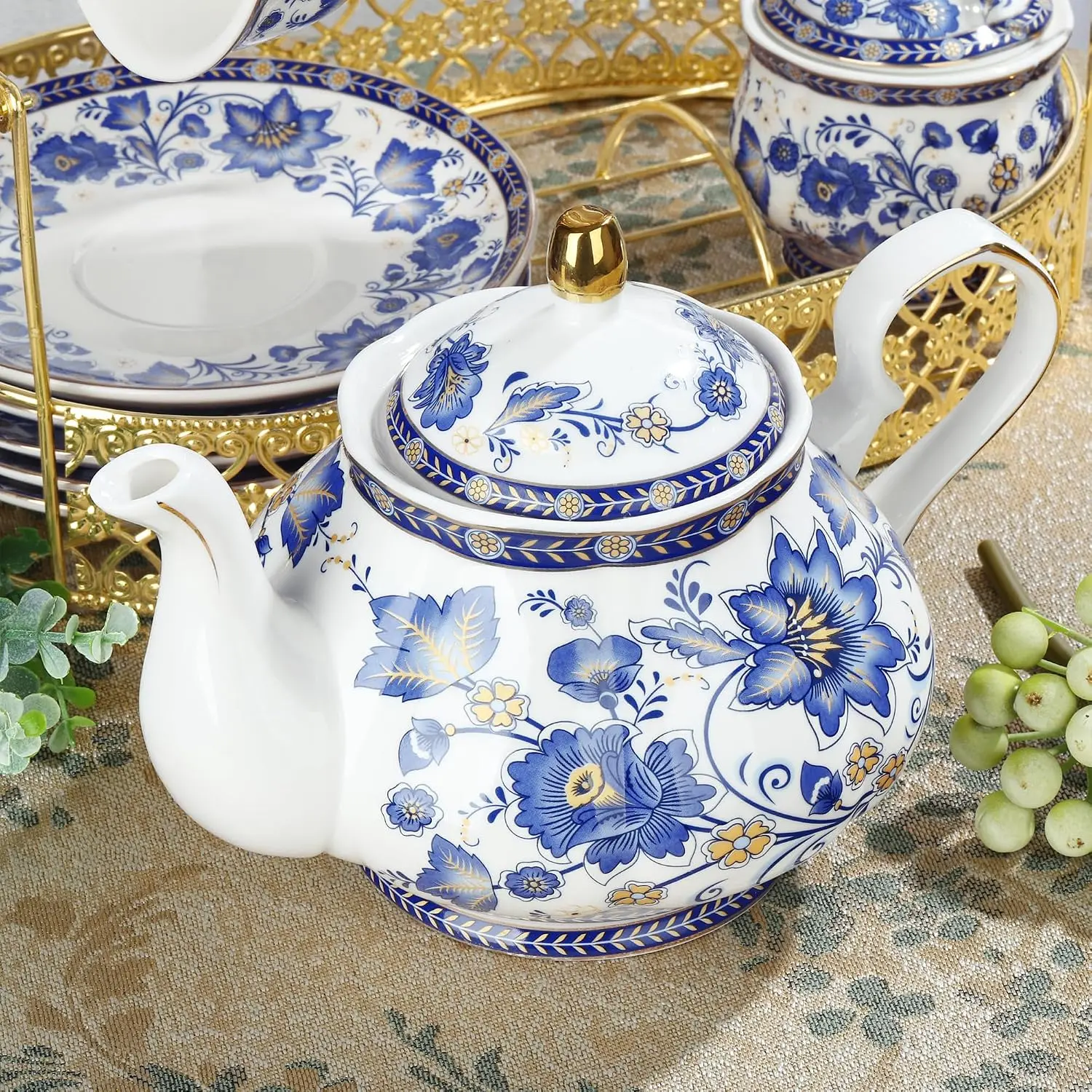 Blue Porcelain Tea Set, British Style Coffee Cups and Saucers Service for 6, Includes Teapot, Sugar Bowl, Creamer Pitcher, and Gold Metal Rack