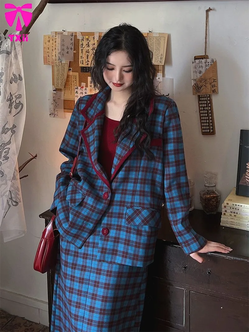 2024 Autumn/Winter Women's Two piece Skirt Retro Windbreaker Design Checkered Spring/Autumn Casual Women's Skirt Set