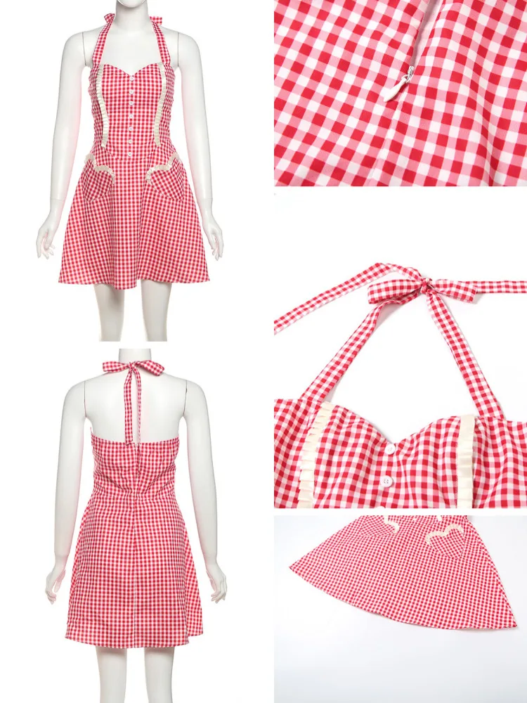 Absobe Plaid Neckholder Tie Strap Puffy Minikleid für Frauen Sommer Urlaub ärmellose A-Linie Sexy Farbblock Slim Fit kurzes Kleid