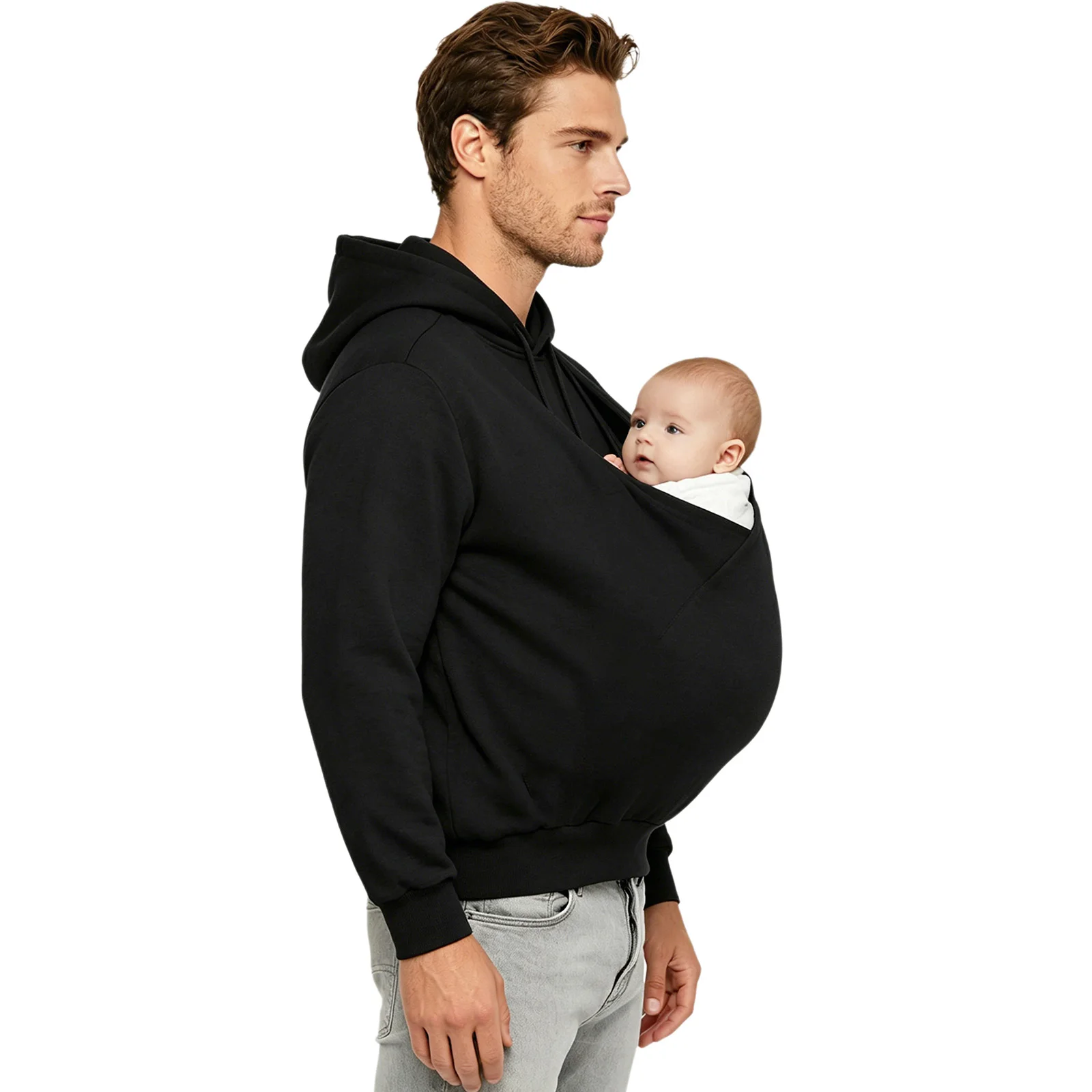 Herren-Känguru-Hoodie für Väter und Babytragen, einfarbig, mit großer Tasche vorne, Kapuzen-Sweatshirt, lässiger Langarm-Pullover – Detail 15