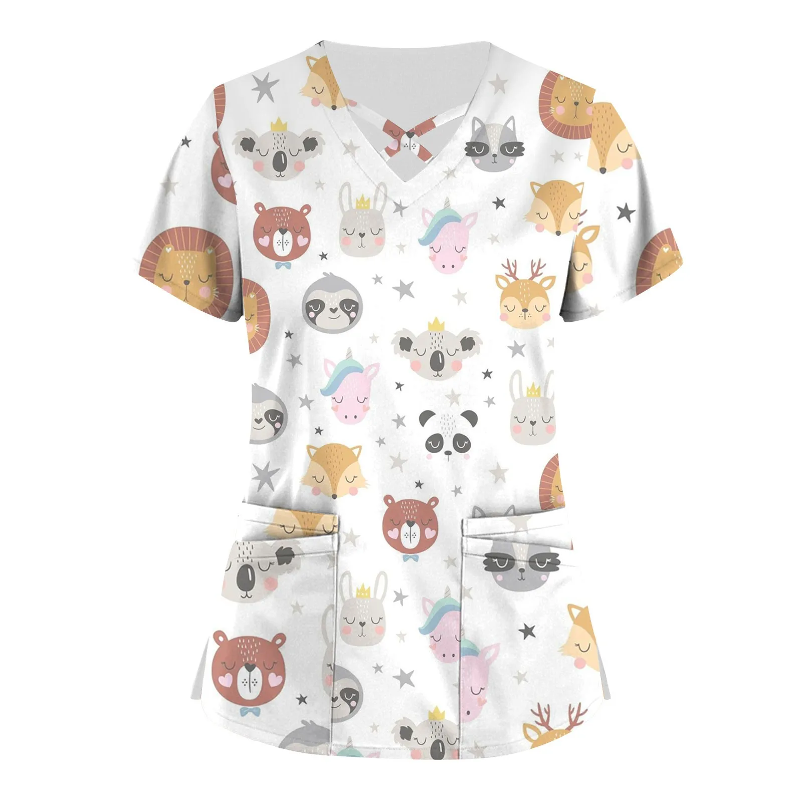 Tops exfoliantes con estampado de perros y gatos para mujer, uniforme de enfermera veterinaria, Blusa de algodón de manga corta, ropa de trabajo para veterinarios y mascotas