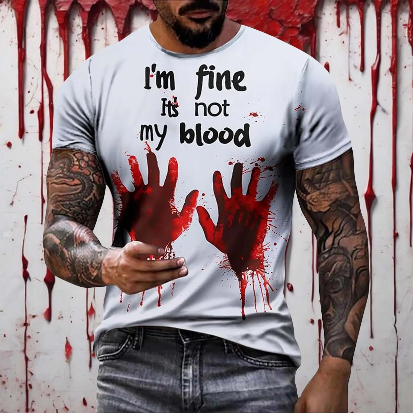 Bloody T-shirt Men's Halloween Theme Letter Printed Short Sleeve Streetwear Crew Neck Large Size Tshirts For Men Horrible Tee