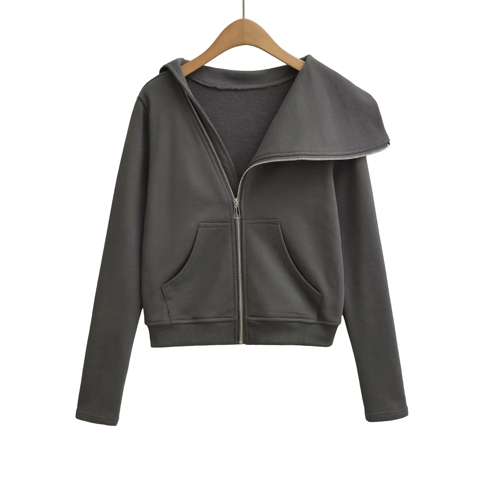 เสื้อฮู้ดดี้ซิปแบบอสมมาตรสไตล์อเมริกันสำหรับผู้หญิง ทรงหลวม ช่วยให้ดูผอม แขนยาว คอเฉียง เสื้อกันหนาวสำหรับฤดูใบไม้ร่วง