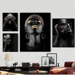 Black Skin Woman Golden Makeup Poster Vintage Poster Wall Art Painting Study Aesthetic Art Large Size Wall Stickers