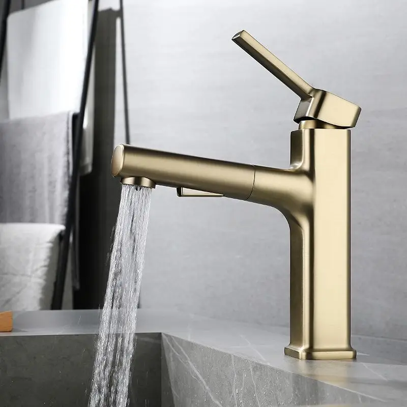 

Brushed gold pull-out faucet for bathroom vanity basins, wash basins and hand sinks, hot and cold gold basin faucet
