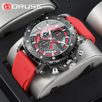 שעוני BORUSE Fashion Chronograph אדומים עבור גברים סיליקון קוורץ שעון יד לגברים עמיד למים ספורט מואר Reloj Hombre