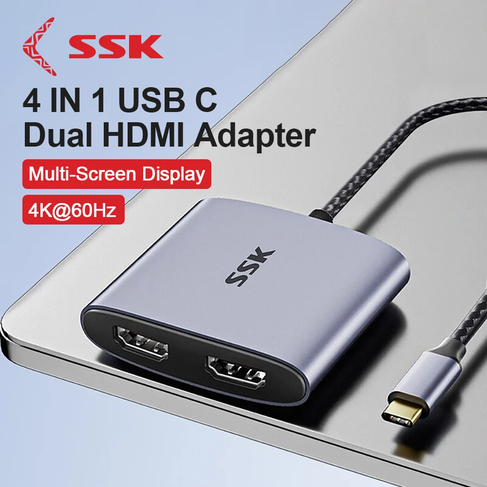 

SSK USB C To Dual HDMI Adapter 4K/60Hz 4 in 1 Laptop HDMI Splitter HDMI 100W PD Usb C Dock Station for MacBook Thunderbolt HUB