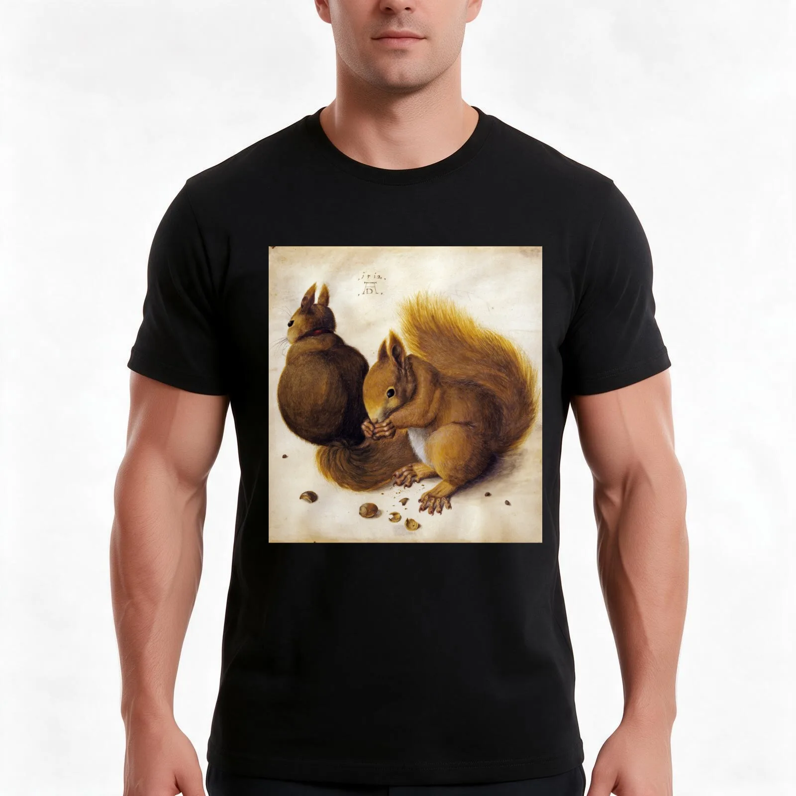 Two Squirrels by Albrecht Dürer T-Shirt, Summer Casual Cotton Tee, Oversized Streetwear Tops, Vintage Graphic Print, 100% Cotton