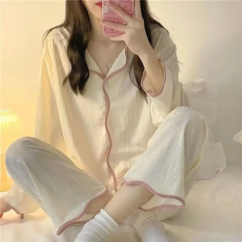 Spring and Autumn Long Sleeve Pants Pajamas Loungewear Set Women's Simple Pull Edge Loose Girl Maternity Loungewear Loose Suit