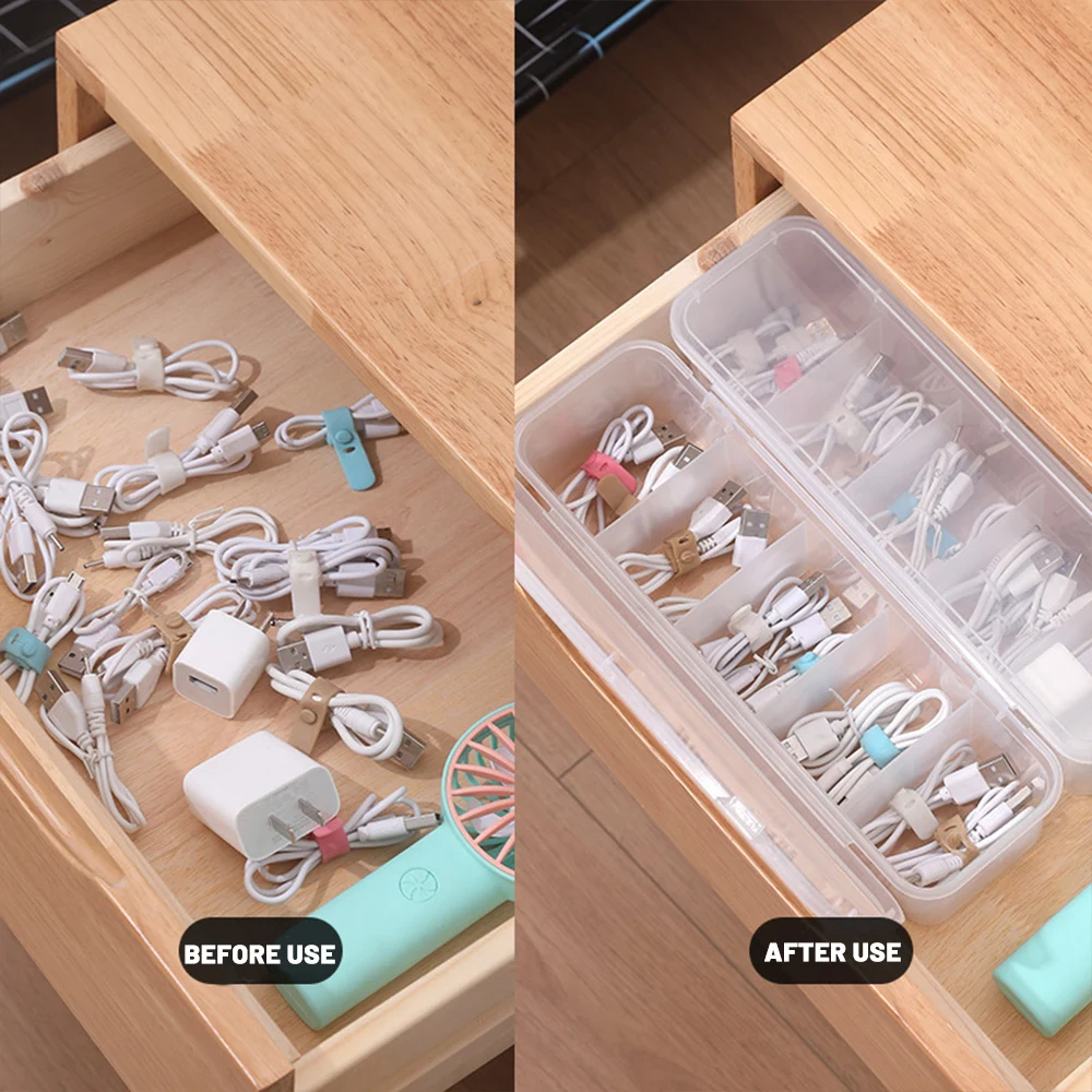 Transparent Cable Storage Box Organizer Charger Cord Sorting Storage Box 5 Grid Reusable Data Cable Earphone Container Holder